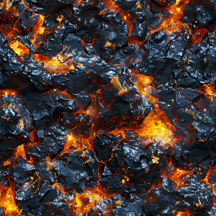 Glossy Black Lava Rock with Fiery Orange Glowing Fissures seamless PBR texture preview
