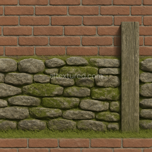 Seamless 3d texture pbr 8k brick wall fence with dry stone wall elements and mossy stone patches