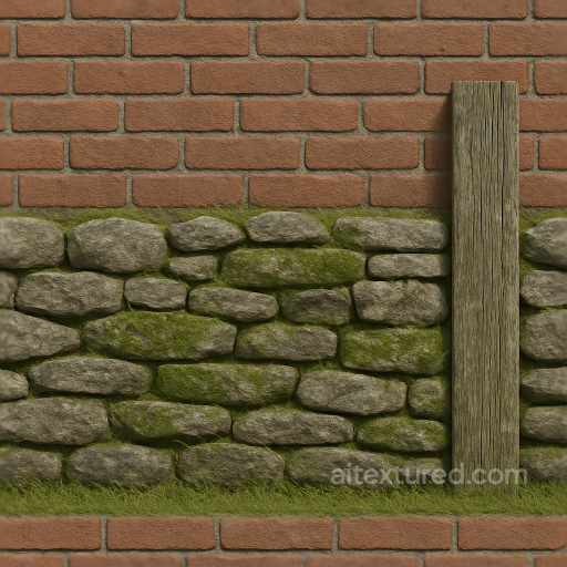 Brick Wall Fence With Dry Stone Wall Elements And Mossy Stone Patches seamless Fences PBR texture