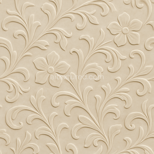 Seamless 8k pbr 3d texture of smooth polished ceramic tile with floral embossed pattern in neutral tones