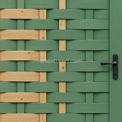 Seamless 8k 3d texture pbr woven wood garden fence with green fence paint and fence latch hardware