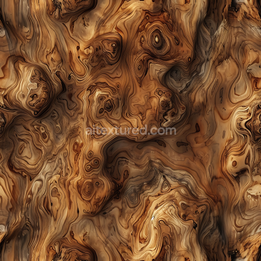 Seamless 3D Exotic Burl Wood PBR Texture with Complex Grain Patterns and Warm Tones