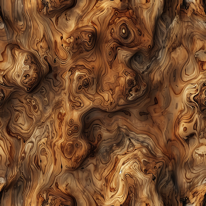 Exotic Burl Wood with Complex Grain Patterns and Warm Tones seamless PBR texture preview