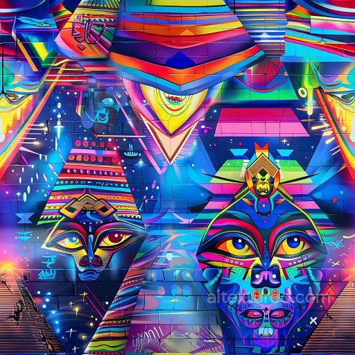 Seamless 3D PBR Graffiti Texture Featuring Colorful Urban Faces and Geometric Patterns texture preview