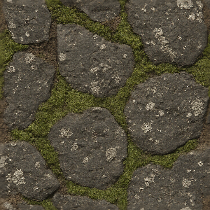 Of Basalt Stone Slabs With Weathered Rock And Moss Carpet seamless PBR texture preview
