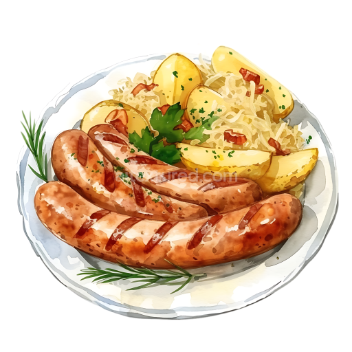 Breakfast Platter with Grilled Bratwurst, Sauerkraut, and Potatoes Illustration