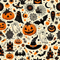 seamless Seamless 3D PBR Vintage Halloween Pattern Texture with Jack-o'-Lanterns and Ghosts texture 8k free download PBR