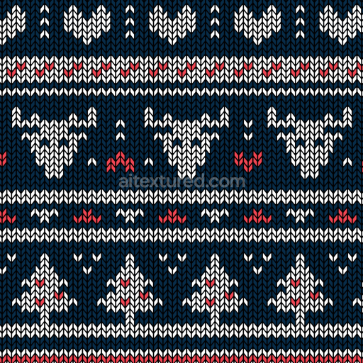 Seamless 3D PBR knitted fabric texture with white reindeer and Christmas trees