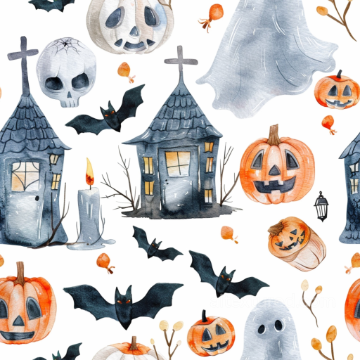Watercolor Halloween Texture with Pumpkins, Ghosts, and Bats seamless Watercolor Halloween PBR texture