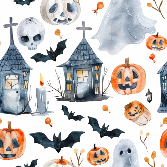 Watercolor Halloween Texture with Pumpkins, Ghosts, and Bats Watercolor Halloween texture preview