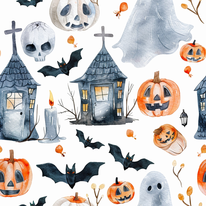 Watercolor Halloween with Pumpkins, Ghosts, and Bats seamless PBR texture preview