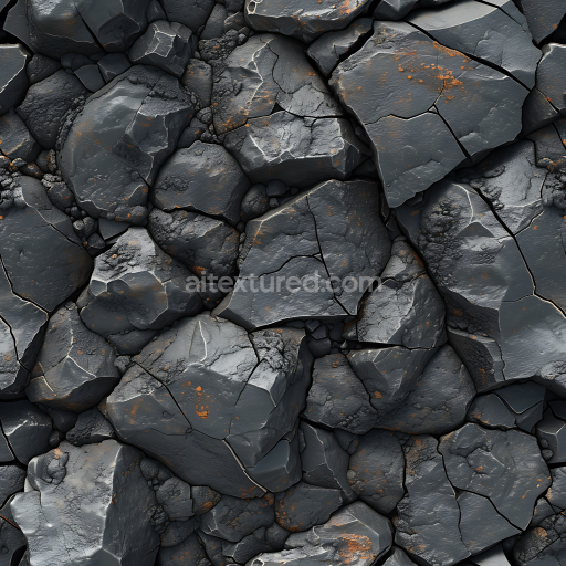 Preview — Seamless 3D fractured basalt rock PBR texture with dark cracked stones