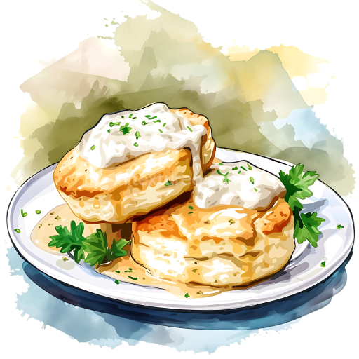 Biscuits and Gravy Breakfast Illustration with Creamy Sauce and Herbs