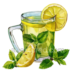 seamless Watercolor Breakfast Illustration of Lemon Balm Tea with Lemon Slices and Fresh Leaves texture 8k free download PBR