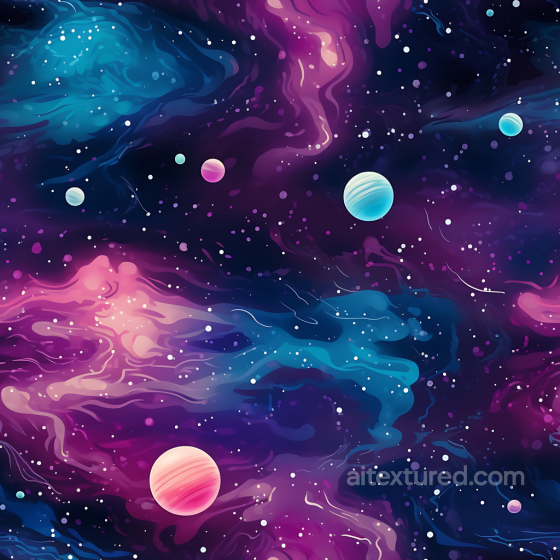 Space PBR Texture Featuring Colorful Nebula Clouds and Stylized Planets Star, space, planets texture preview