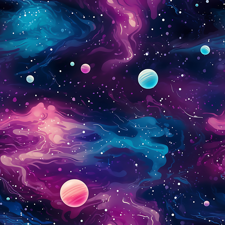 Space Featuring Colorful Nebula Clouds and Stylized Planets seamless PBR texture preview