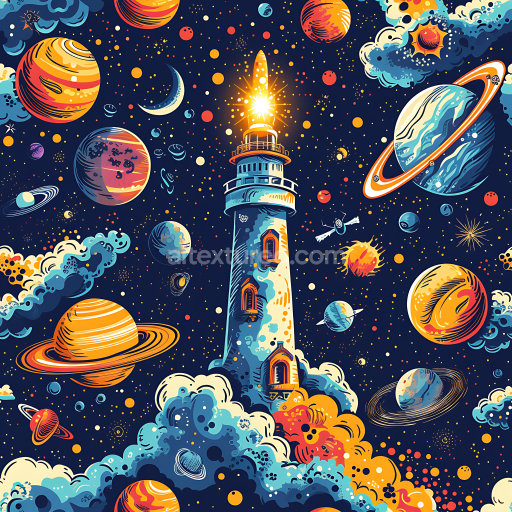 Seamless 3D PBR Space Texture Featuring Cosmic Lighthouse with Planets & Nebulae
