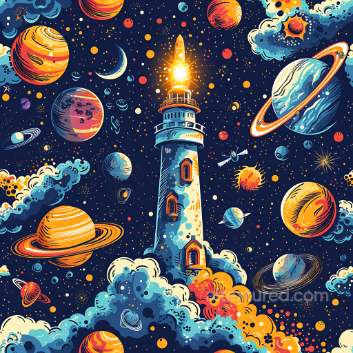 Space Texture Featuring Cosmic Lighthouse with Planets & Nebulae seamless Star, space, planets PBR texture