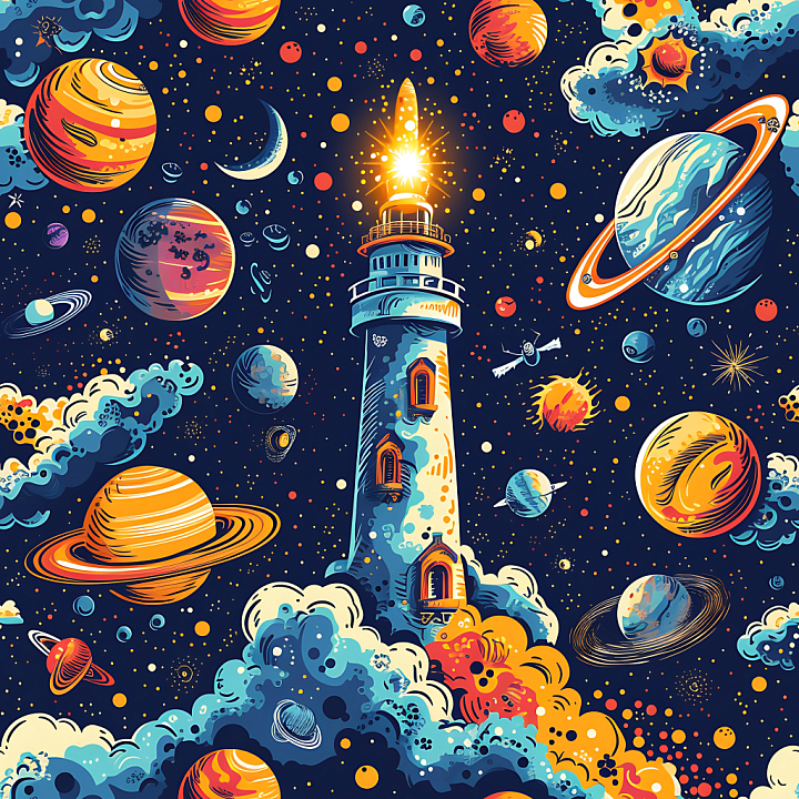 Space Featuring Cosmic Lighthouse with Planets & Nebulae seamless PBR texture preview