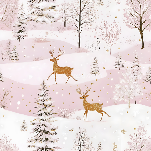Seamless 3D PBR Texture of Snowy Winter Forest with Golden Deer Pattern