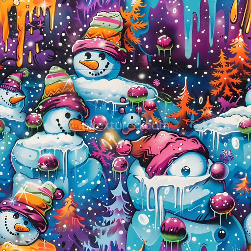 Seamless 3D PBR texture of vibrant snowman graffiti with drips and winter motifs