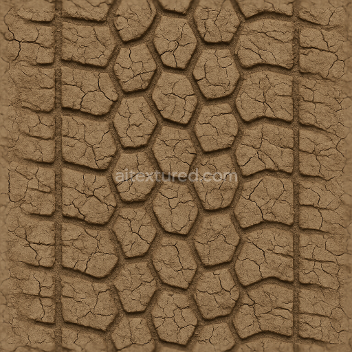 Seamless 3d texture pbr 8k car tire print on clay print surface with hexagon tread and mud cracked soil