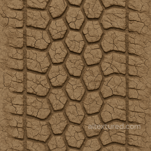 Car Tire Print On Clay Print Surface With Hexagon Tread And Mud Cracked Soil seamless Tire prints PBR texture