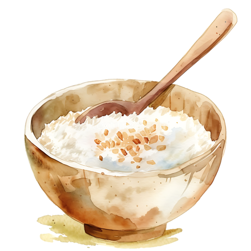 Watercolor Style Rice Flakes Porridge Breakfast with Wooden Spoon