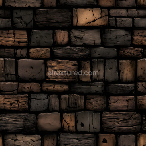 Seamless 3D Cracked and Holes PBR Texture Featuring Dark Wooden Bricks with Weathered Grain