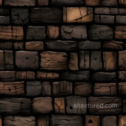 Cracked and Holes PBR Texture Featuring Dark Wooden Bricks with Weathered Grain seamless Brick PBR texture