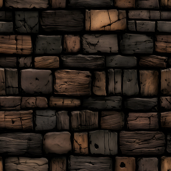 Cracked and Holes Featuring Dark Wooden Bricks with Weathered Grain Wood seamless PBR texture preview