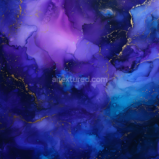 Seamless 3D Alcohol Ink PBR Texture with Deep Blue and Purple Fluid Swirls and Gold Veining