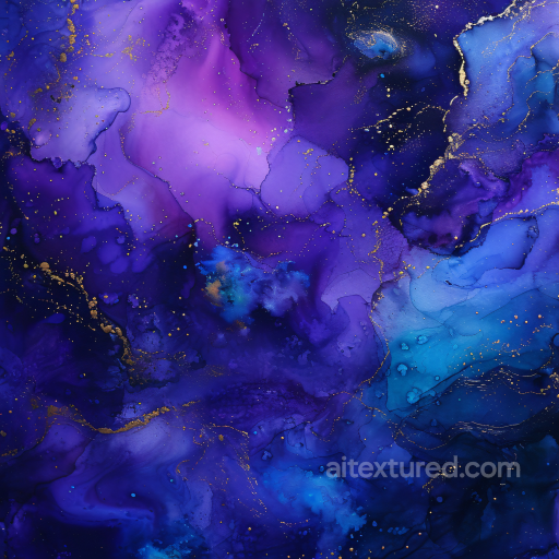 Alcohol Ink PBR Texture with Deep Blue and Purple Fluid Swirls and Gold Veining seamless Alcohol ink PBR texture