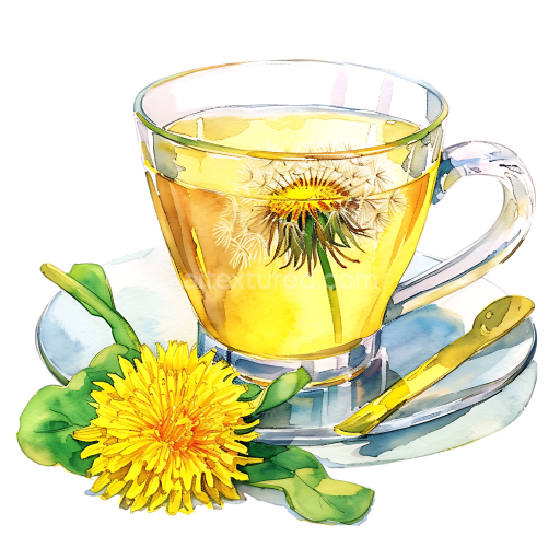 Breakfast Dandelion Tea with Flower Illustration in Watercolor Style