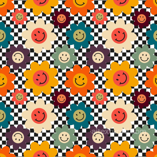 Happy Face Floral Pattern Texture with Checkerboard Background seamless Happy Face pattern PBR texture