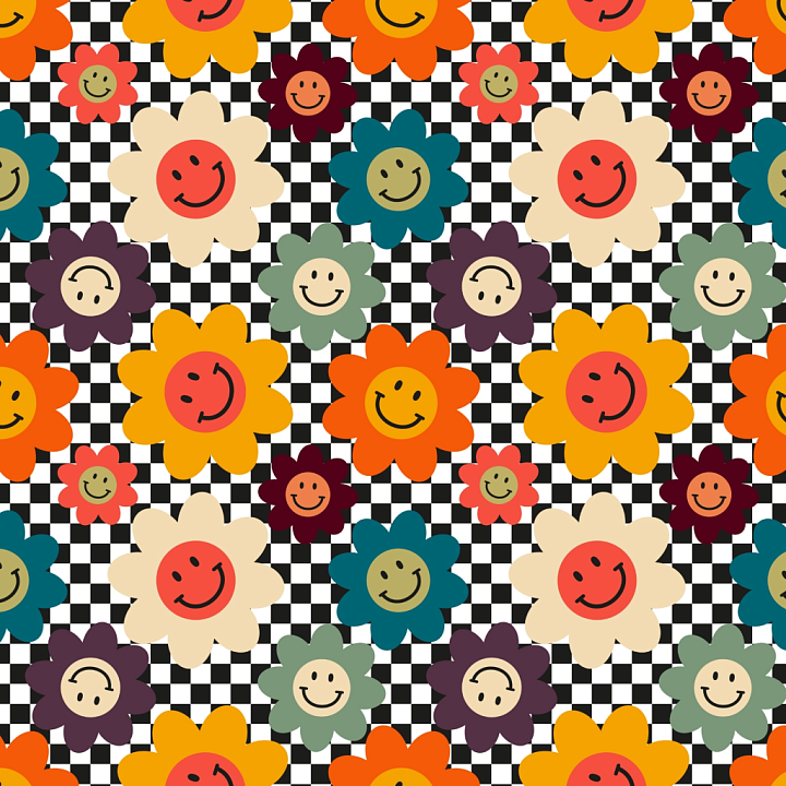 Happy Face Floral Pattern with Checkerboard Background seamless PBR texture preview