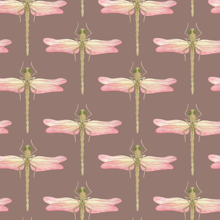 Featuring Soft Brown Background with Watercolor Dragonfly Pattern seamless PBR texture preview