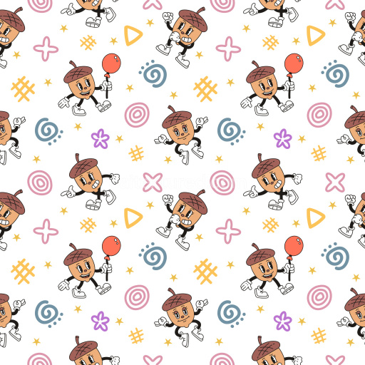 Pattern Bundle - Seamless 3D PBR texture with playful acorn character and colorful doodle pattern texture preview