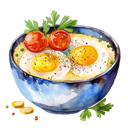 Watercolor Style Quinoa Breakfast Bowl with Fried Eggs and Cherry Tomatoes