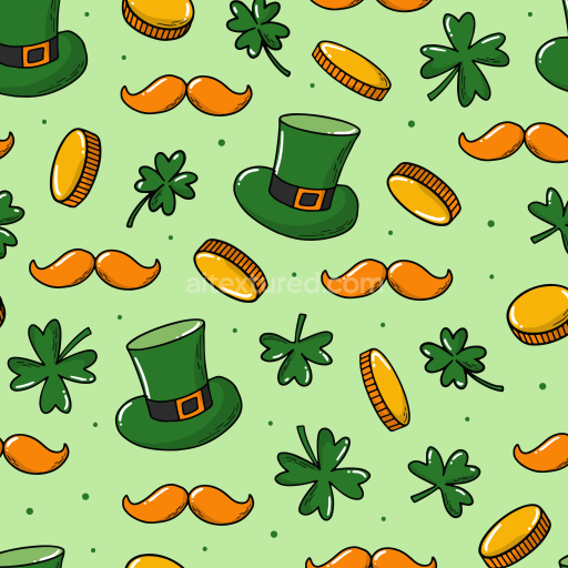 Seamless 3D PBR Texture Featuring St Patrick's Green Hats, Shamrocks, Mustaches, and Gold Coins