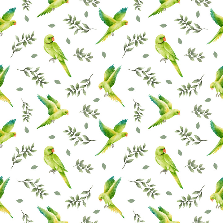Pattern Featuring Watercolor Parrots and Leaves on White seamless PBR texture preview
