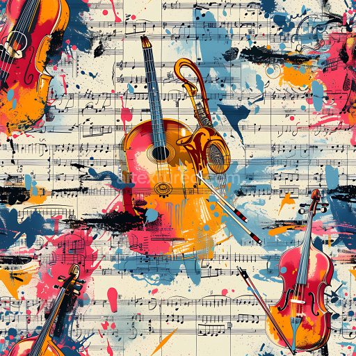 Seamless 3D PBR Graffiti Texture Featuring Vibrant Musical Instruments and Paint Splashes