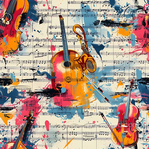 Seamless 3D PBR Graffiti Texture Featuring Vibrant Musical Instruments and Paint Splashes texture preview