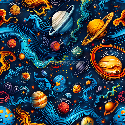 Seamless 3D Space PBR Texture Featuring Vibrant Nebulae and Stylized Planets