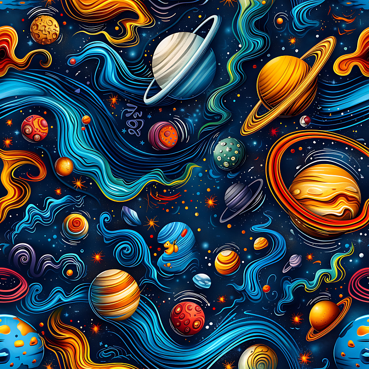 Space Featuring Vibrant Nebulae and Stylized Planets seamless PBR texture preview