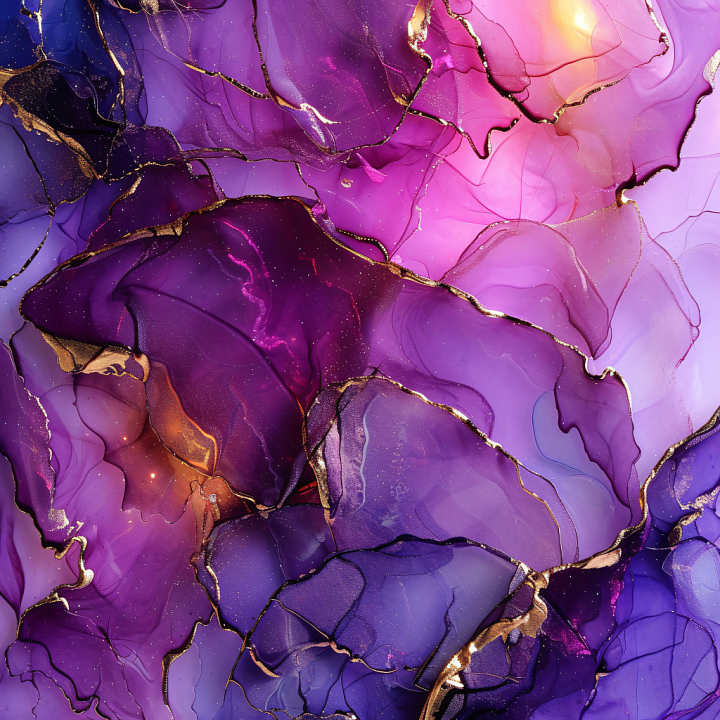 Alcohol Ink Featuring Luxurious Purple and Gold Fluid Veining seamless PBR texture preview
