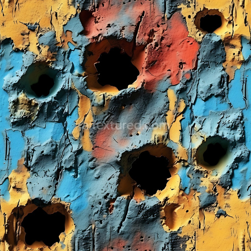 Seamless 3D cracked and holed painted metal PBR texture with vibrant color chipping