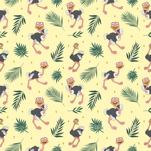Pattern PBR Texture with Cartoon Ostrich and Tropical Leaves Motifs seamless Pattern Bundle PBR texture