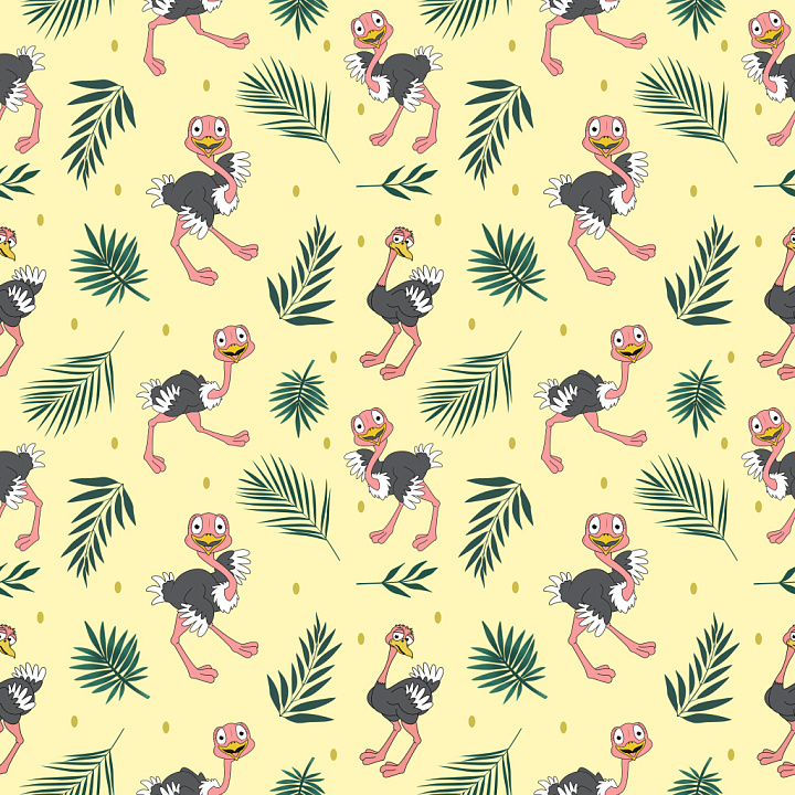 Pattern with Cartoon Ostrich and Tropical Leaves Motifs seamless PBR texture preview