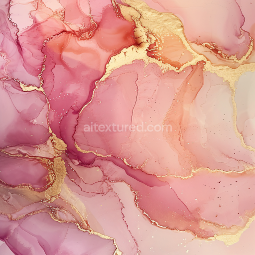 Seamless 3D Alcohol Ink PBR Texture Featuring Pink Tones with Gold Marbling and Fluid Veins